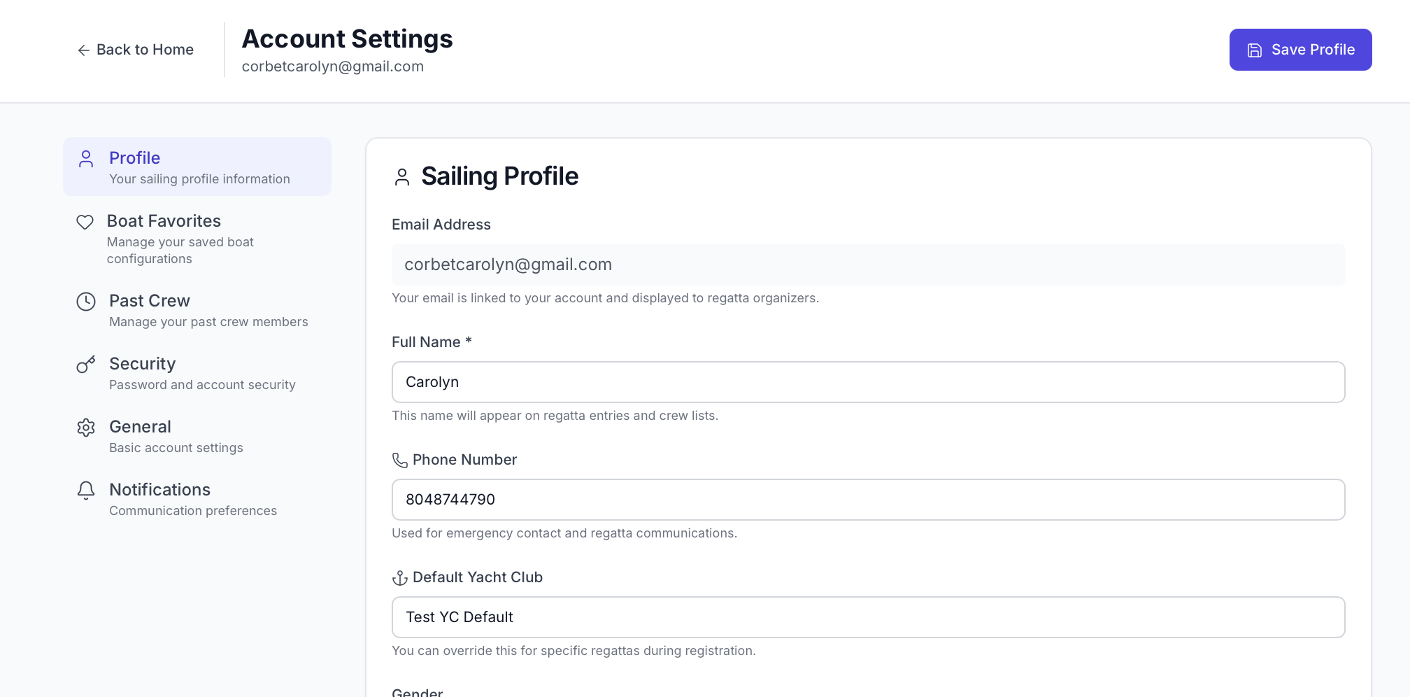Account Settings page