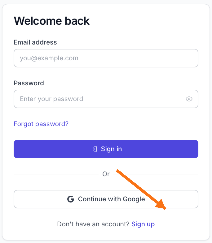 Login page with Sign up link highlighted
