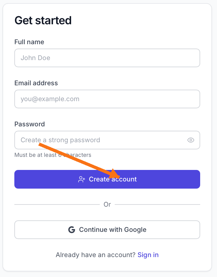 Sign up form with Create account button highlighted