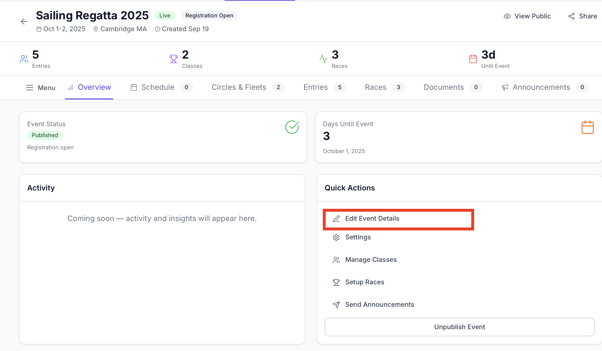 Editing Existing Regatta Details