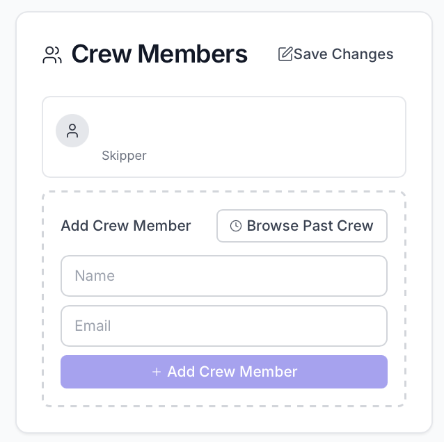 Crew member form with name and email fields
