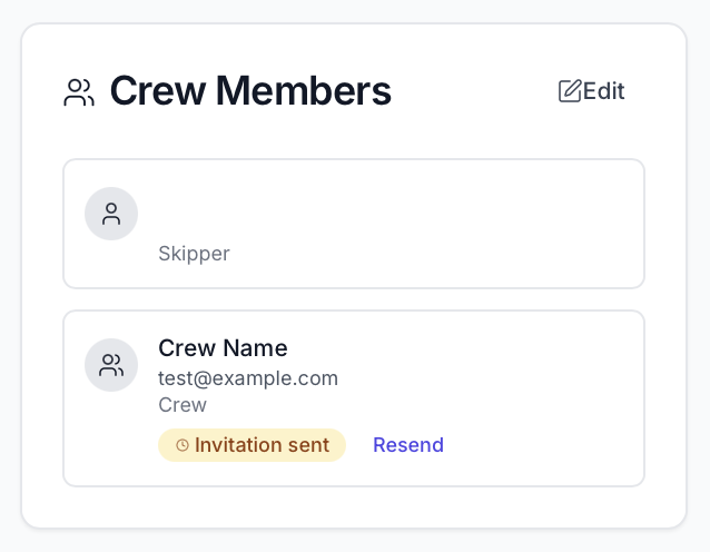 Crew list with invite status and resend option