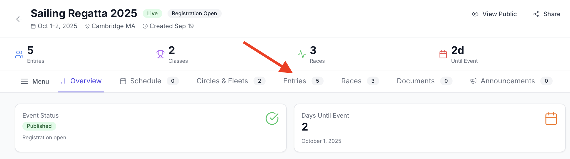 Entries tab location in the RegattaHub admin dashboard navigation