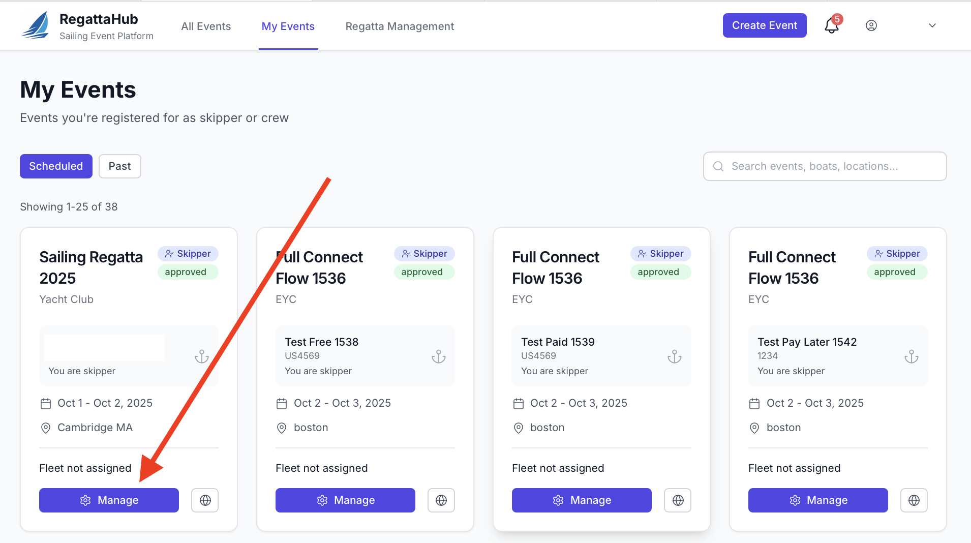 My Events page layout with event cards
