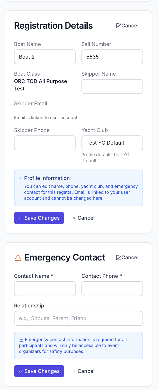 Registration form with editable fields