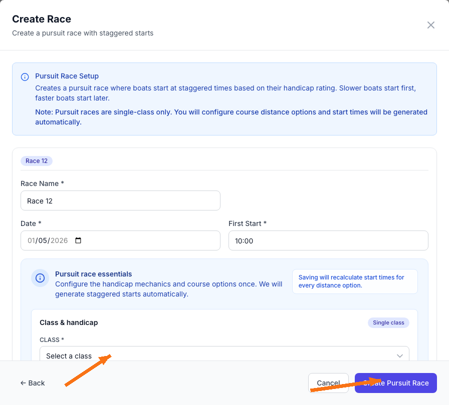 Create pursuit race modal showing class selection and Create Pursuit Race button