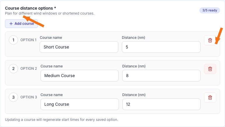 Edit pursuit race course options section showing Add course and delete option