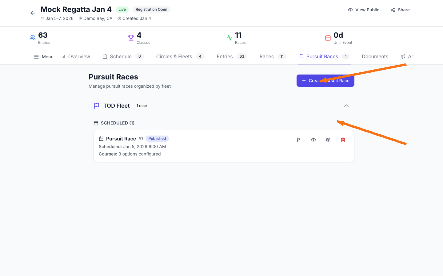 Admin Pursuit Races tab with Create Pursuit Race button
