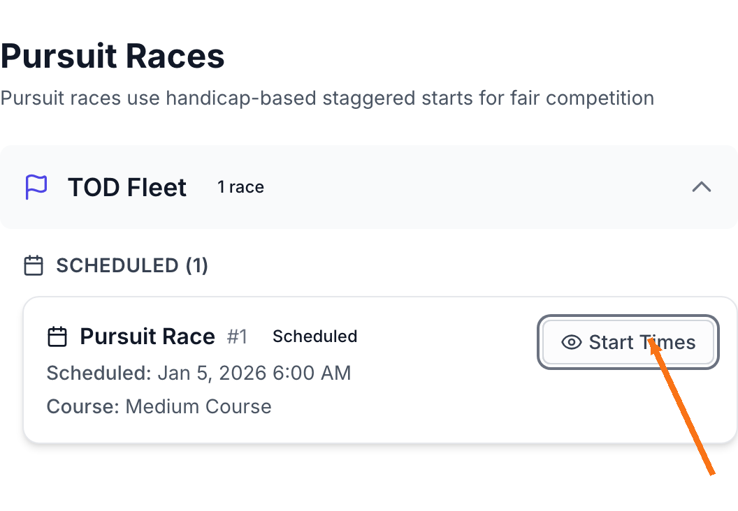 Pursuit Races tab showing the Start Times button