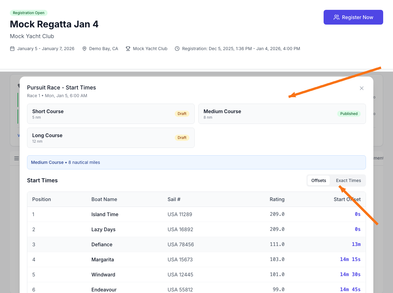 Start times modal showing course tiles and Offsets/Exact Times toggle