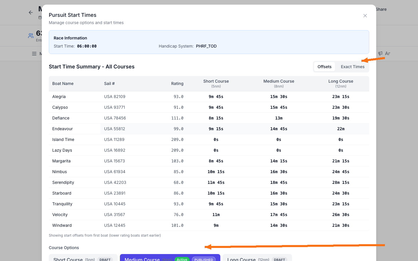 Pursuit Start Times modal showing Offsets/Exact Times toggle and course options