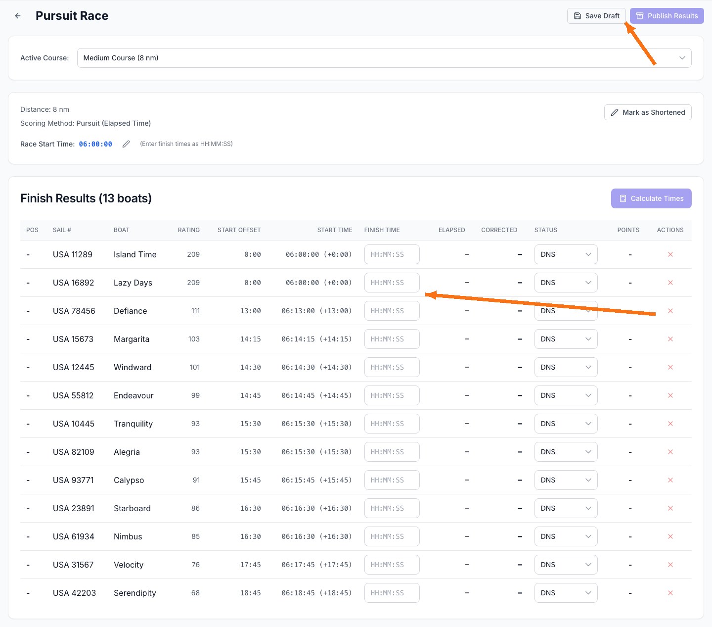 Pursuit finish entry page showing finish time inputs and Publish Results