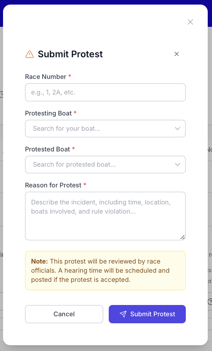 Submit Protest form showing race number, boats, and incident description fields