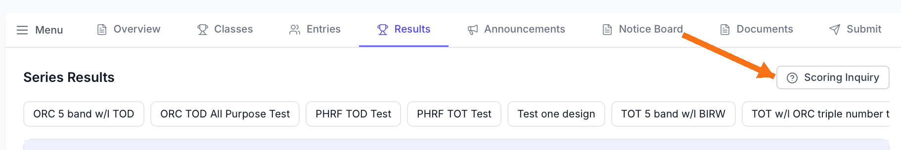 Results page with the Scoring Inquiry button highlighted