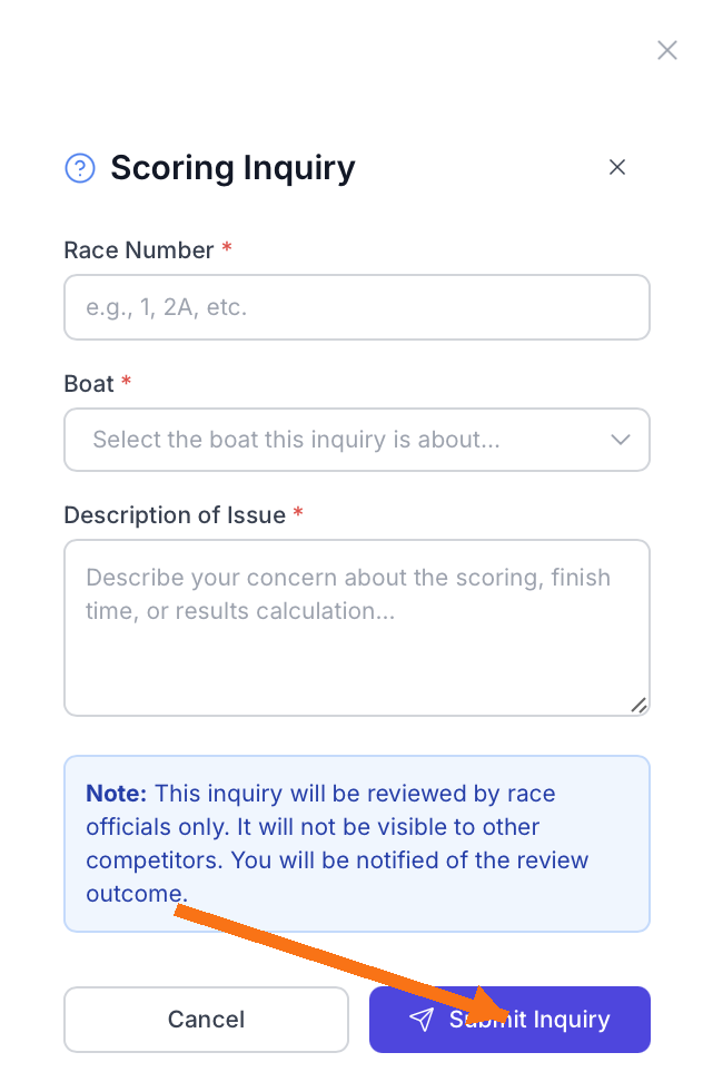 Scoring Inquiry form modal with the Submit Inquiry button highlighted