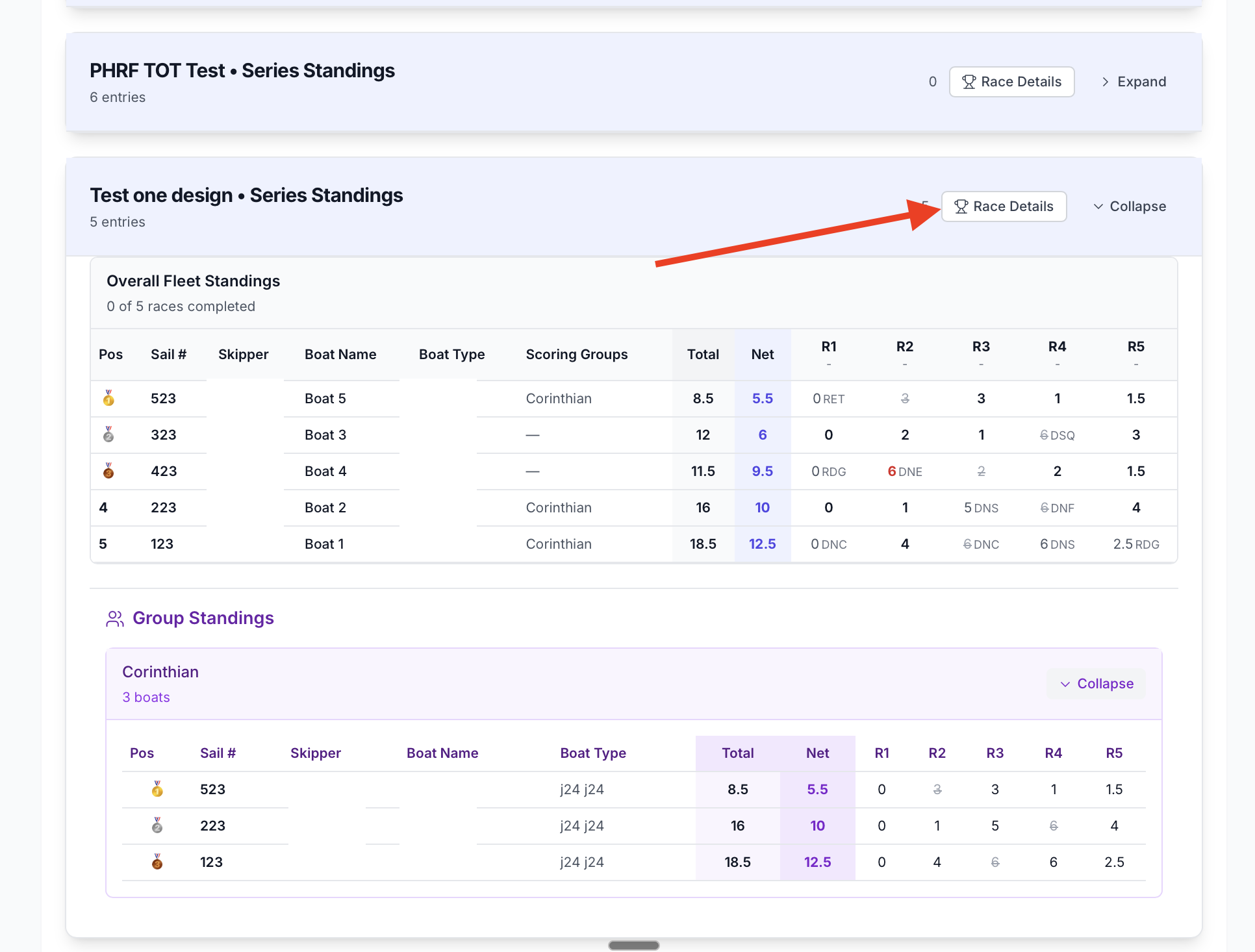 Expanded fleet standings with the Race Details button highlighted