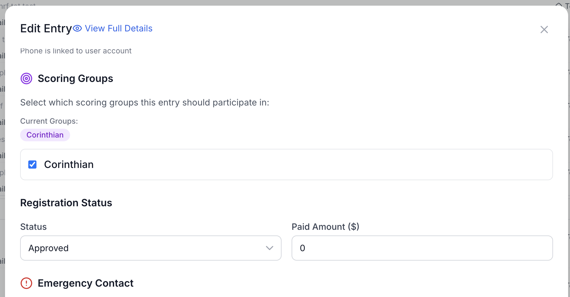 Edit entry dialog showing Scoring Group dropdown field