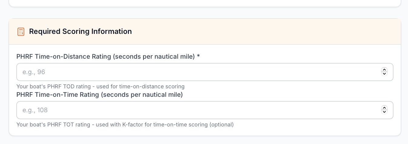 PHRF rating entry form