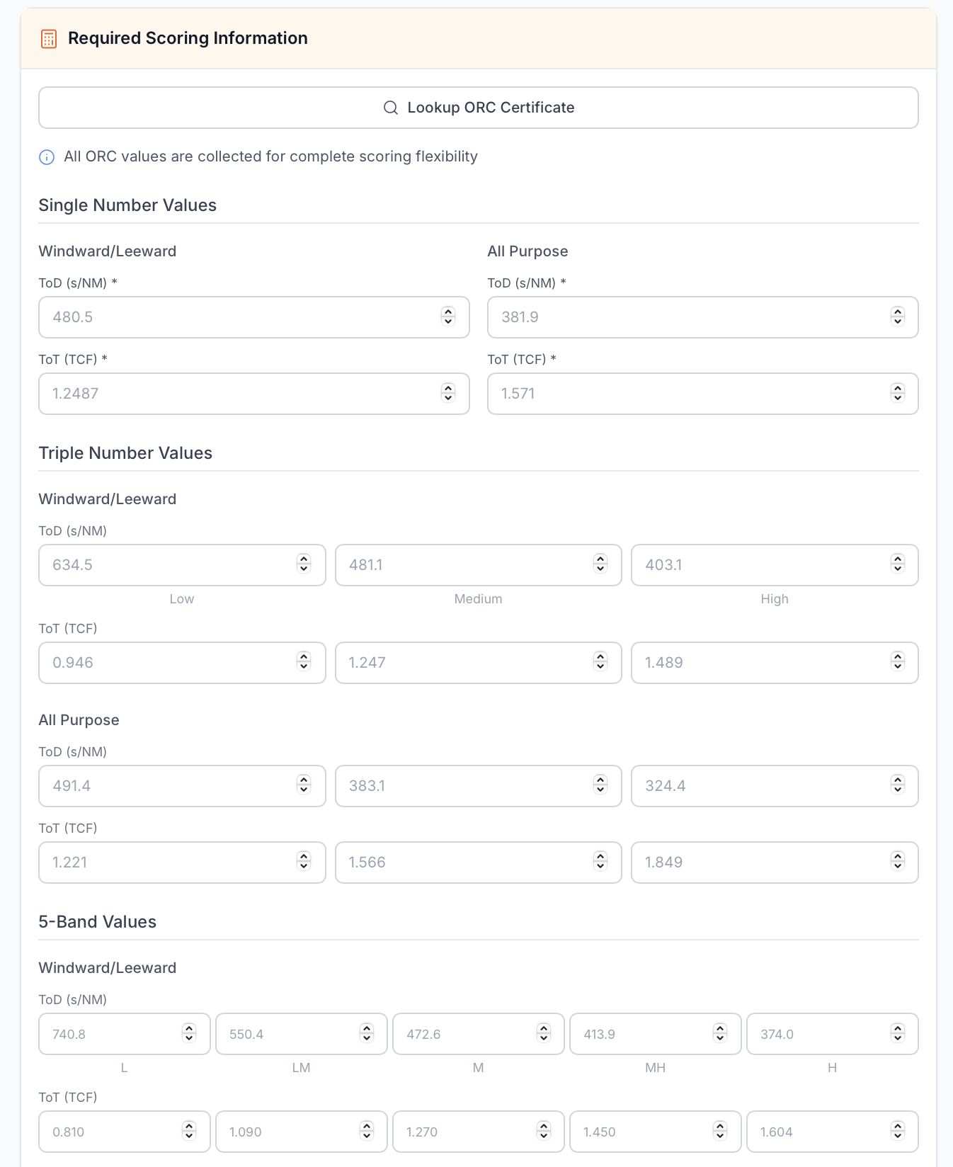 ORC rating entry form with multiple fields